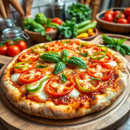 A delicious pizza topped with an array of fresh green capsicum (bell pepper) and ripe tomatoes