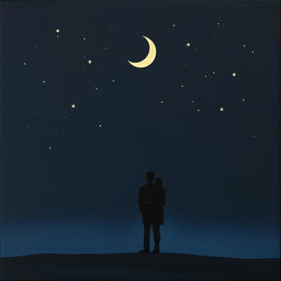 A minimalist and very simple painting of a couple looking at the night sky