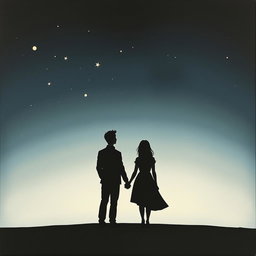 A minimalist and very simple painting of a couple looking at the night sky