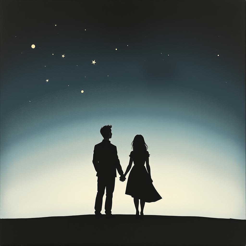 A minimalist and very simple painting of a couple looking at the night sky