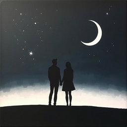 A minimalist and very simple painting of a couple looking at the night sky