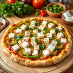 A flavorful pizza topped with vibrant green capsicum (bell pepper) and delicious pieces of paneer cheese
