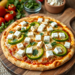 A flavorful pizza topped with vibrant green capsicum (bell pepper) and delicious pieces of paneer cheese