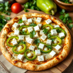 A flavorful pizza topped with vibrant green capsicum (bell pepper) and delicious pieces of paneer cheese