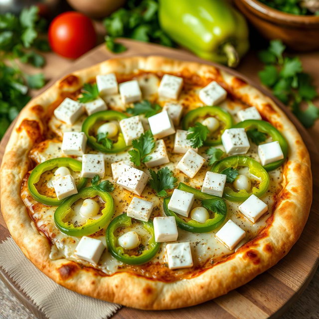 A flavorful pizza topped with vibrant green capsicum (bell pepper) and delicious pieces of paneer cheese