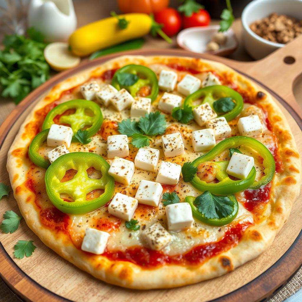 A flavorful pizza topped with vibrant green capsicum (bell pepper) and delicious pieces of paneer cheese