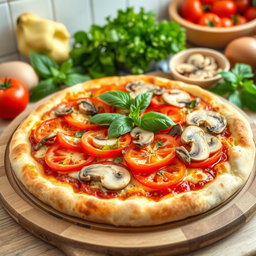 A delicious pizza topped with a vibrant combination of capsicum (bell peppers), ripe tomatoes, and fresh mushrooms