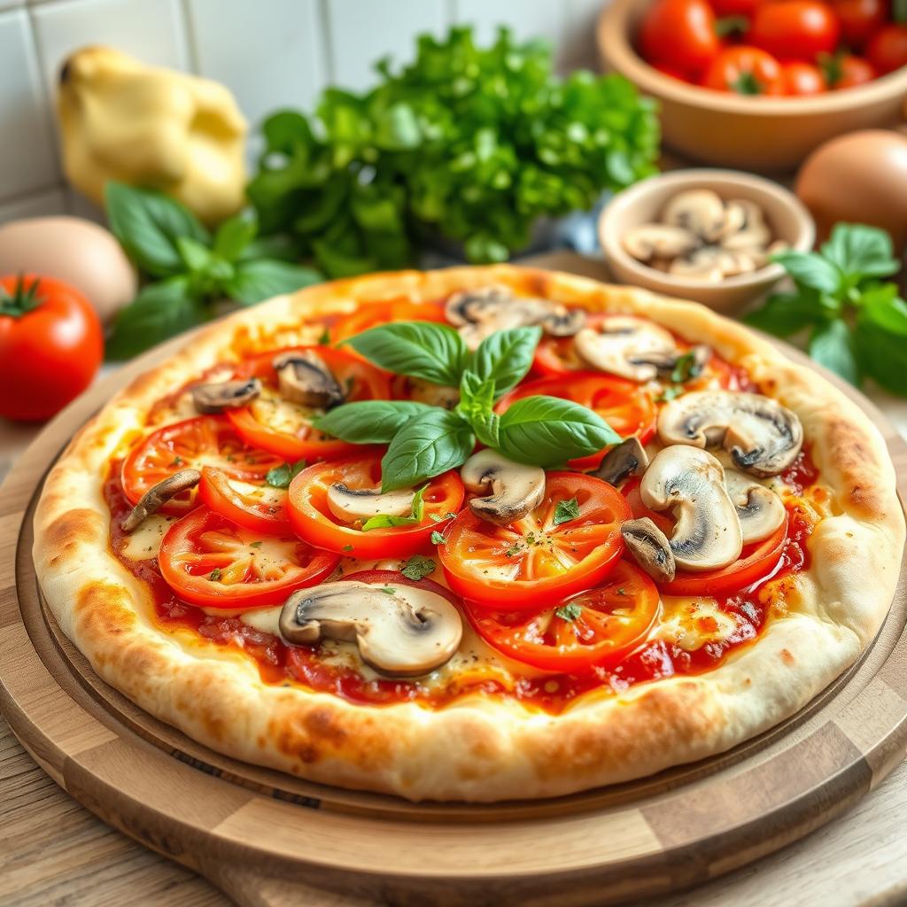 A delicious pizza topped with a vibrant combination of capsicum (bell peppers), ripe tomatoes, and fresh mushrooms