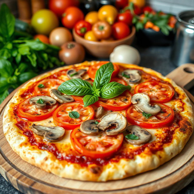 A delicious pizza topped with a vibrant combination of capsicum (bell peppers), ripe tomatoes, and fresh mushrooms