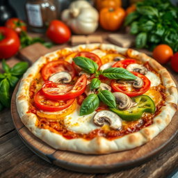 A delicious pizza topped with a vibrant combination of capsicum (bell peppers), ripe tomatoes, and fresh mushrooms
