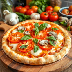 A delicious pizza topped with a vibrant combination of capsicum (bell peppers), ripe tomatoes, and fresh mushrooms