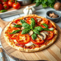 A delicious pizza topped with a vibrant combination of green capsicum (bell pepper), ripe tomatoes, and fresh mushrooms