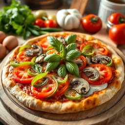 A delicious pizza topped with a vibrant combination of green capsicum (bell pepper), ripe tomatoes, and fresh mushrooms