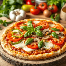 A delicious pizza topped with a vibrant combination of green capsicum (bell pepper), ripe tomatoes, and fresh mushrooms