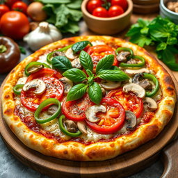 A delicious pizza topped with a vibrant combination of green capsicum (bell pepper), ripe tomatoes, and fresh mushrooms