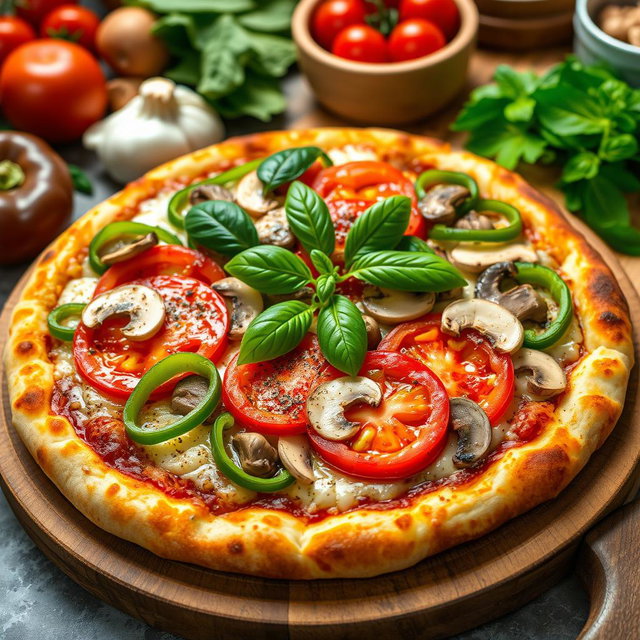 A delicious pizza topped with a vibrant combination of green capsicum (bell pepper), ripe tomatoes, and fresh mushrooms