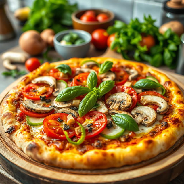 A mouthwatering pizza topped with a vibrant mix of green capsicum (bell pepper), juicy tomatoes, and fresh mushrooms
