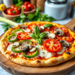 A mouthwatering pizza topped with a vibrant mix of green capsicum (bell pepper), juicy tomatoes, and fresh mushrooms