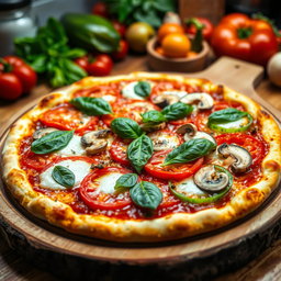 A mouthwatering pizza topped with a vibrant mix of green capsicum (bell pepper), juicy tomatoes, and fresh mushrooms
