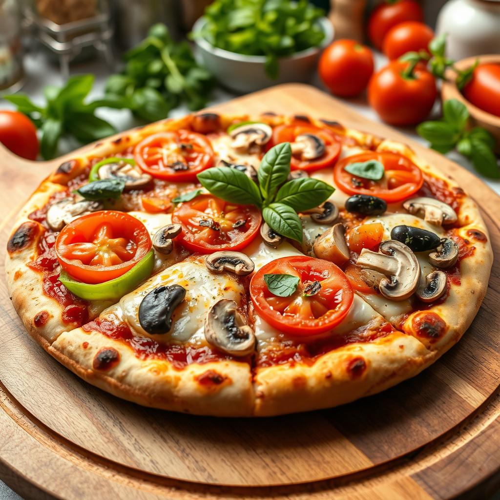A mouthwatering pizza topped with a vibrant mix of green capsicum (bell pepper), juicy tomatoes, and fresh mushrooms