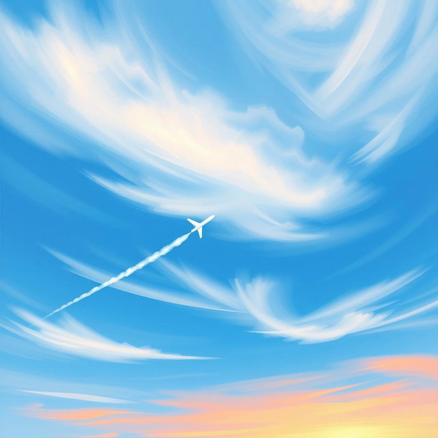 A simple painting of an airplane soaring through a beautiful sky