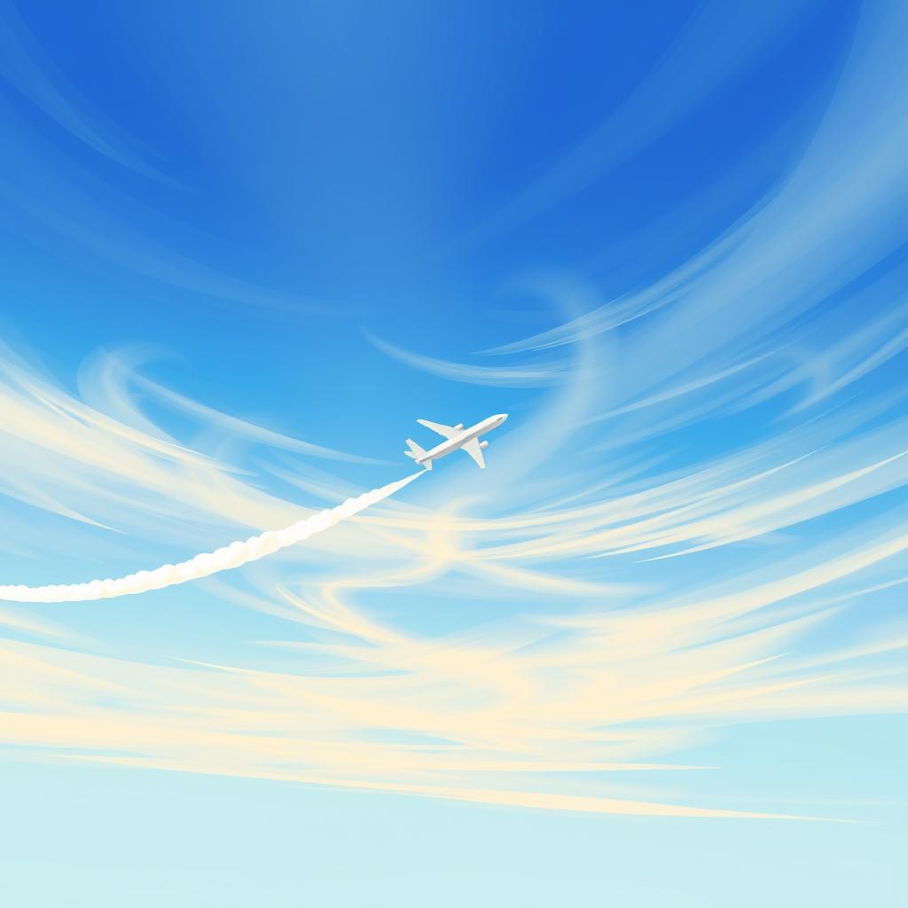 A simple painting of an airplane soaring through a beautiful sky