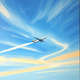 A simple painting of an airplane soaring through a beautiful sky