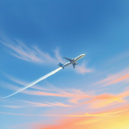 A simple painting of an airplane soaring through a beautiful sky