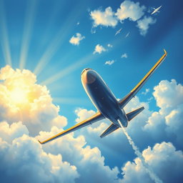 A detailed painting of an airplane soaring through a beautiful sky