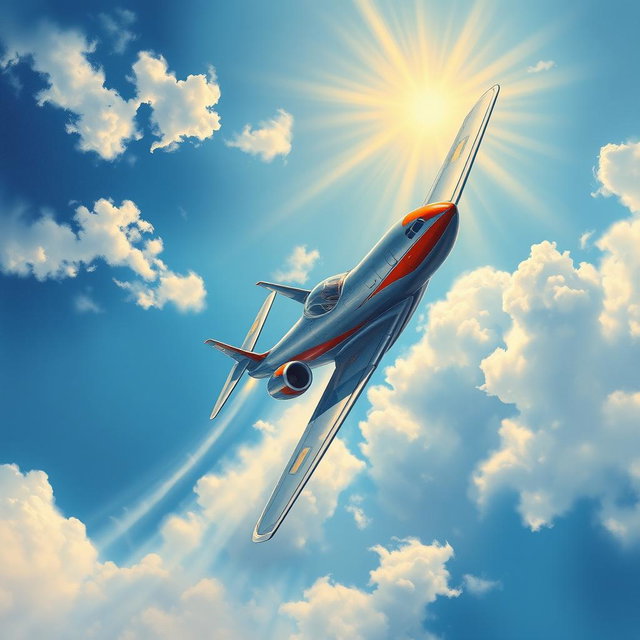 A detailed painting of an airplane soaring through a beautiful sky