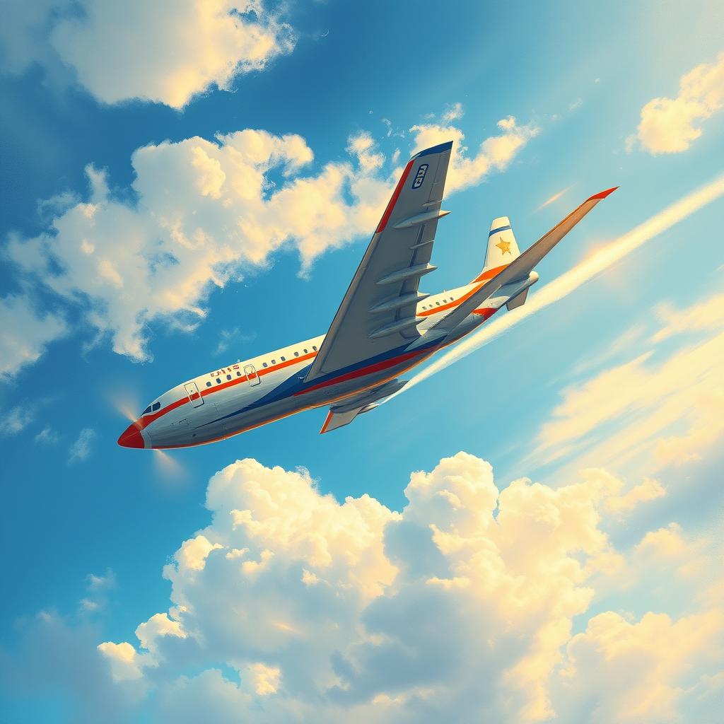 A detailed painting of an airplane soaring through a beautiful sky