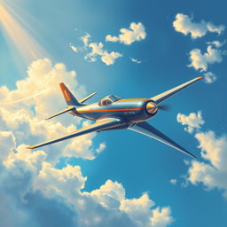 A detailed painting of an airplane soaring through a beautiful sky