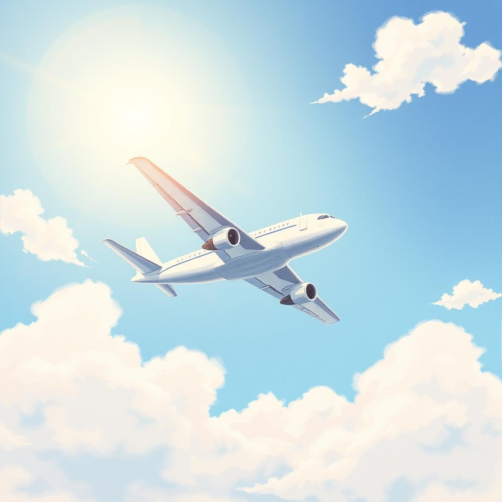 A simple painting of an airplane flying in a beautiful sky, illustrated with clear details