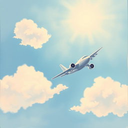 A simple painting of an airplane flying in a beautiful sky, illustrated with clear details