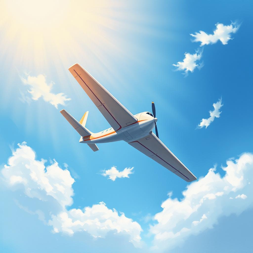 A simple yet detailed painting of an airplane flying gracefully in a beautiful sky