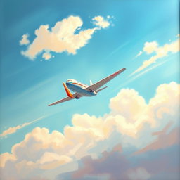 A simple yet detailed painting of an airplane flying gracefully in a beautiful sky