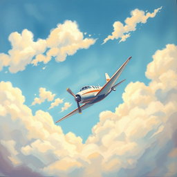 A simple yet detailed painting of an airplane flying gracefully in a beautiful sky