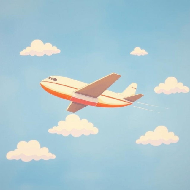 A very simple painting of an airplane flying in a beautiful sky, featuring minimalistic yet charming details
