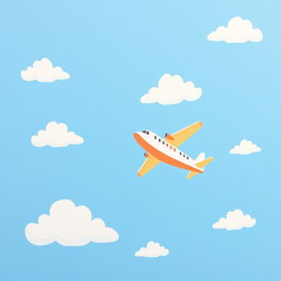 A very simple painting of an airplane flying in a beautiful sky, featuring minimalistic yet charming details
