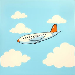 A very simple painting of an airplane flying in a beautiful sky, featuring minimalistic yet charming details