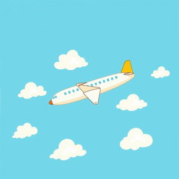 A very simple painting featuring an airplane flying through a beautiful sky, with a couple depicted at the top of the scene
