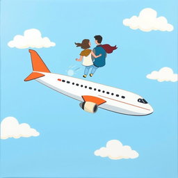 A very simple painting featuring an airplane flying through a beautiful sky, with a couple depicted at the top of the scene