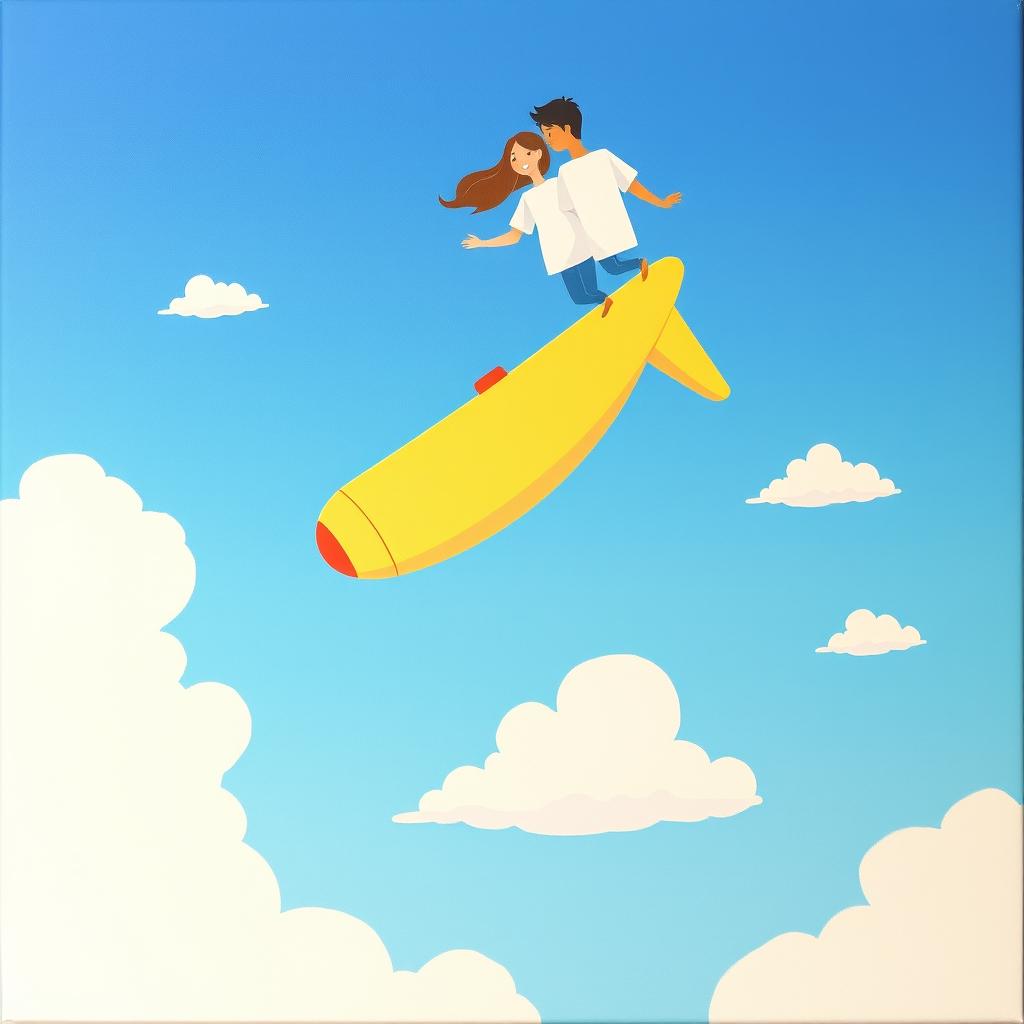 A very simple painting featuring an airplane flying through a beautiful sky, with a couple depicted at the top of the scene