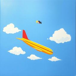 A very simple painting featuring an airplane flying through a beautiful sky, with a couple depicted at the top of the scene
