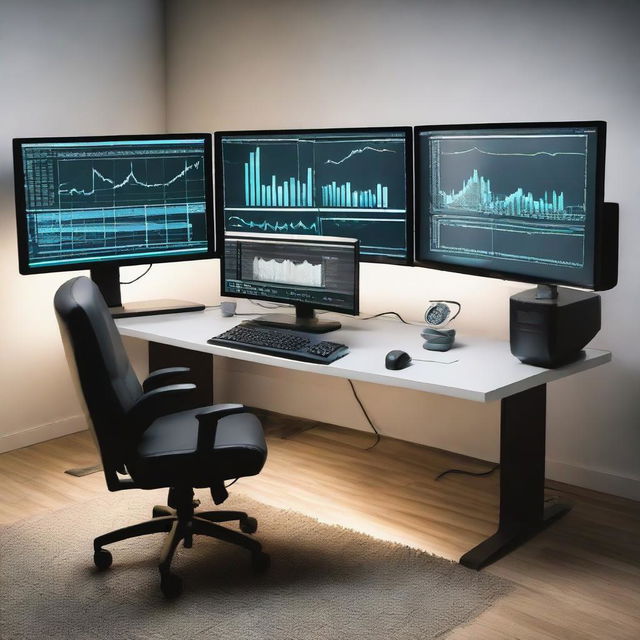 A modern trading setup with multiple monitors displaying graphs and data, a high-end computer, comfortable ergonomic chair, a neat desk with a keyboard and mouse, ambient lighting in a well-lit room.