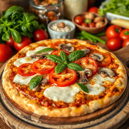 A delicious pizza featuring a vibrant topping of green capsicum (bell pepper), juicy tomatoes, and fresh mushrooms