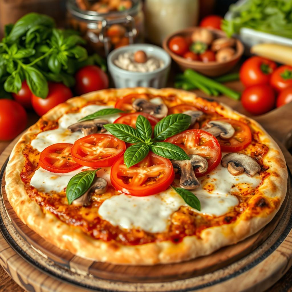 A delicious pizza featuring a vibrant topping of green capsicum (bell pepper), juicy tomatoes, and fresh mushrooms