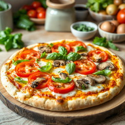 A delicious pizza featuring a vibrant topping of green capsicum (bell pepper), juicy tomatoes, and fresh mushrooms