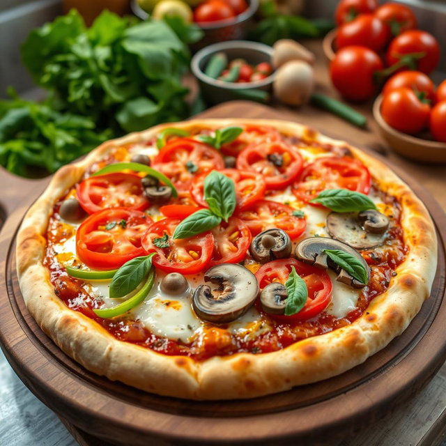 A delicious pizza featuring a vibrant topping of green capsicum (bell pepper), juicy tomatoes, and fresh mushrooms