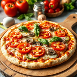 A delicious pizza featuring a vibrant topping of green capsicum (bell pepper), juicy tomatoes, and fresh mushrooms